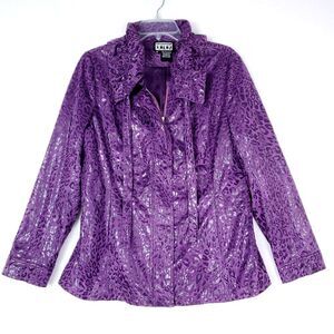 Vintage Berek2 Cheetah Zip Front Jacket Women's Large Purple Ruffle Collar